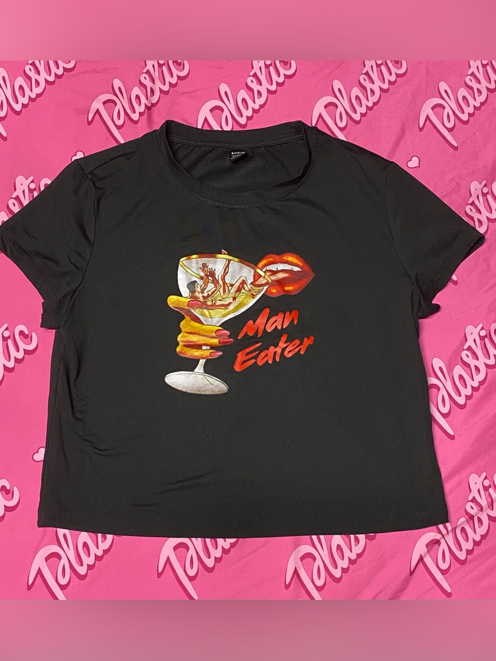 NWOT SHEIN Man Eater Y2K Baby Crop Top Tee Shirt Viral Graphic Tshirt Retro